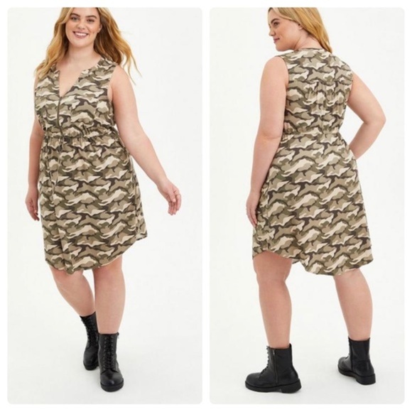 FLAWED Torrid Zip Front Shirt Dress Stretch Challis Camo Plus Size 1 1X 14 16 - Picture 1 of 15